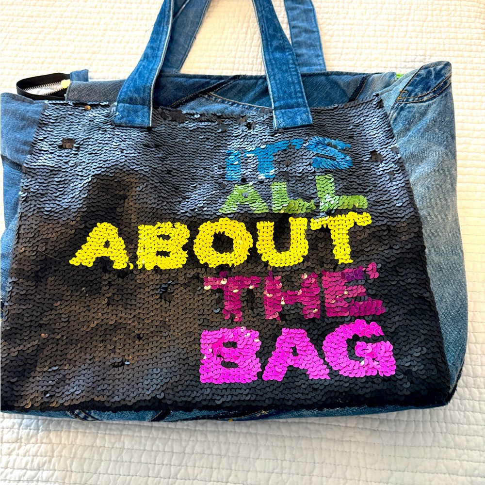 Rock ‘N Karma recycled denim sequin multi-colour tote w pop art lining